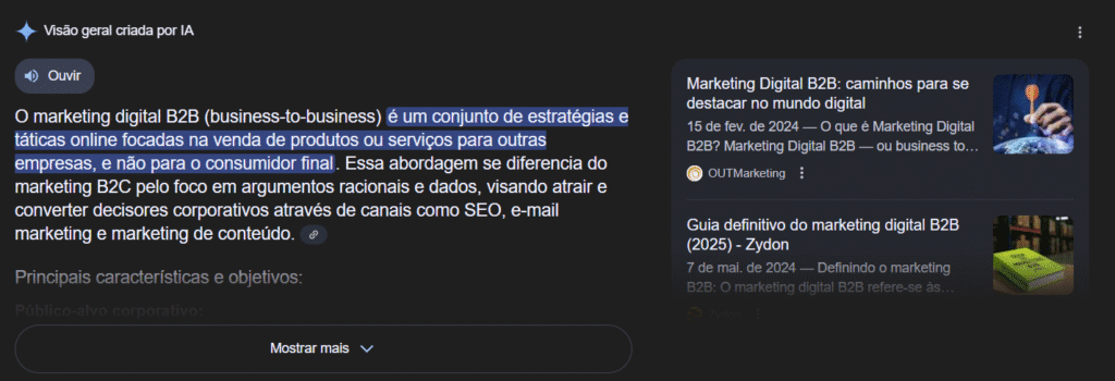 SERP da AI overview do google