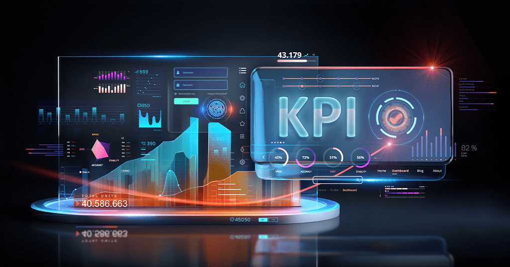 Simulação de telas virtuais com a palavra KPI, evidenciando a importância do monitoramento.